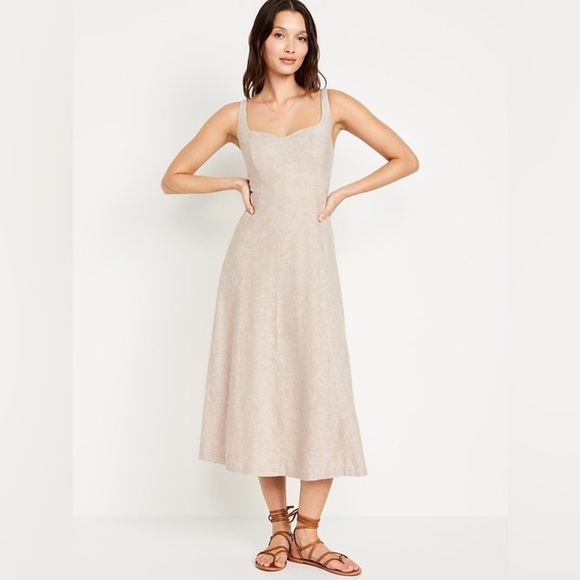 Old Navy Womens Natural Linen Fit & Flare Linen-Blend Coastal Midi Dress Small - Picture 1 of 7